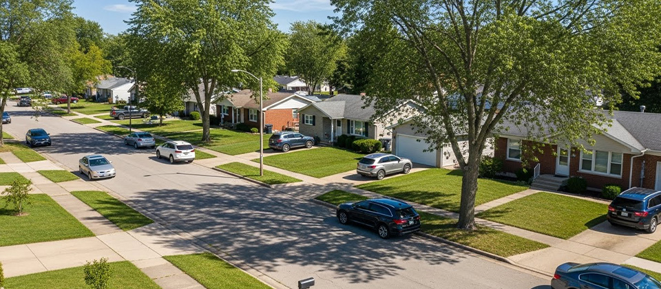 Birds-eye view of a neighborhood street with parked cars