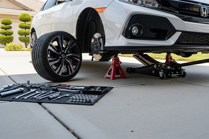Vehicle lifted on a jack in a clean driveway setup