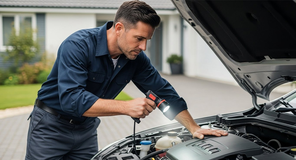 Mechanic checking a vehicle engine bay